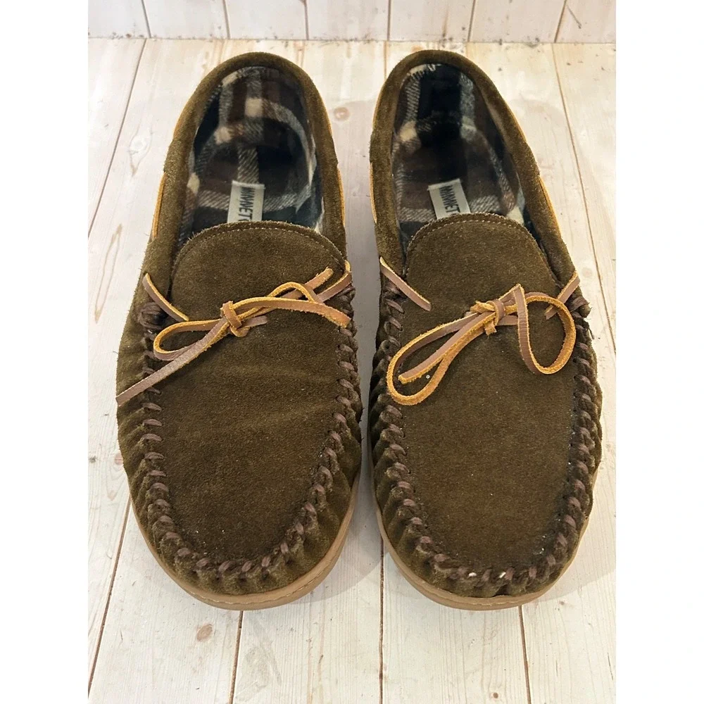 Minnetonka Mens Solid Plaid 41322  Brown Flat Slip On Moccasin Slipper Size 12M
